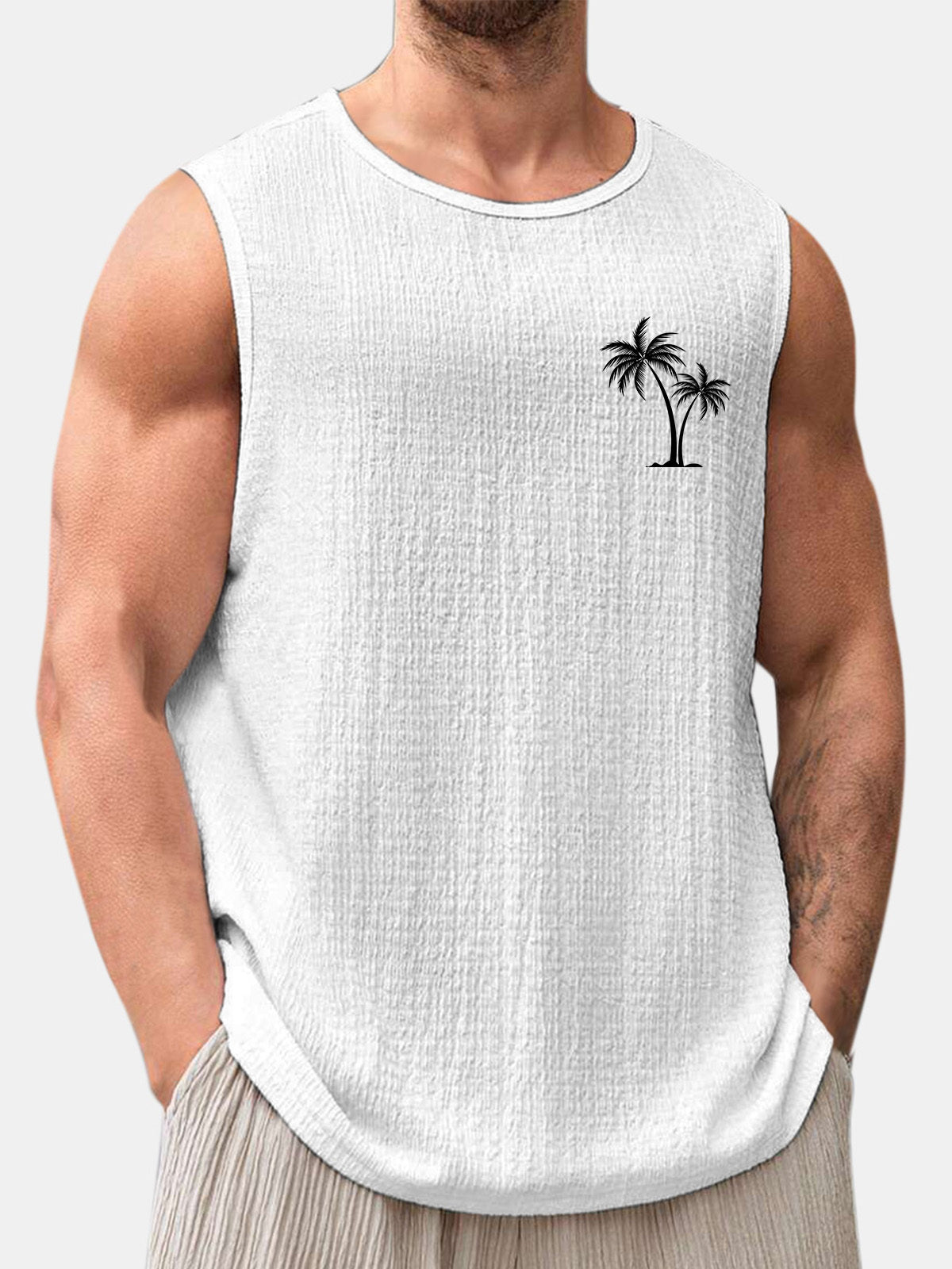 Men's Summer Solid Color Daily Coconut Print Puff Wrinkle Sleeveless T-shirt