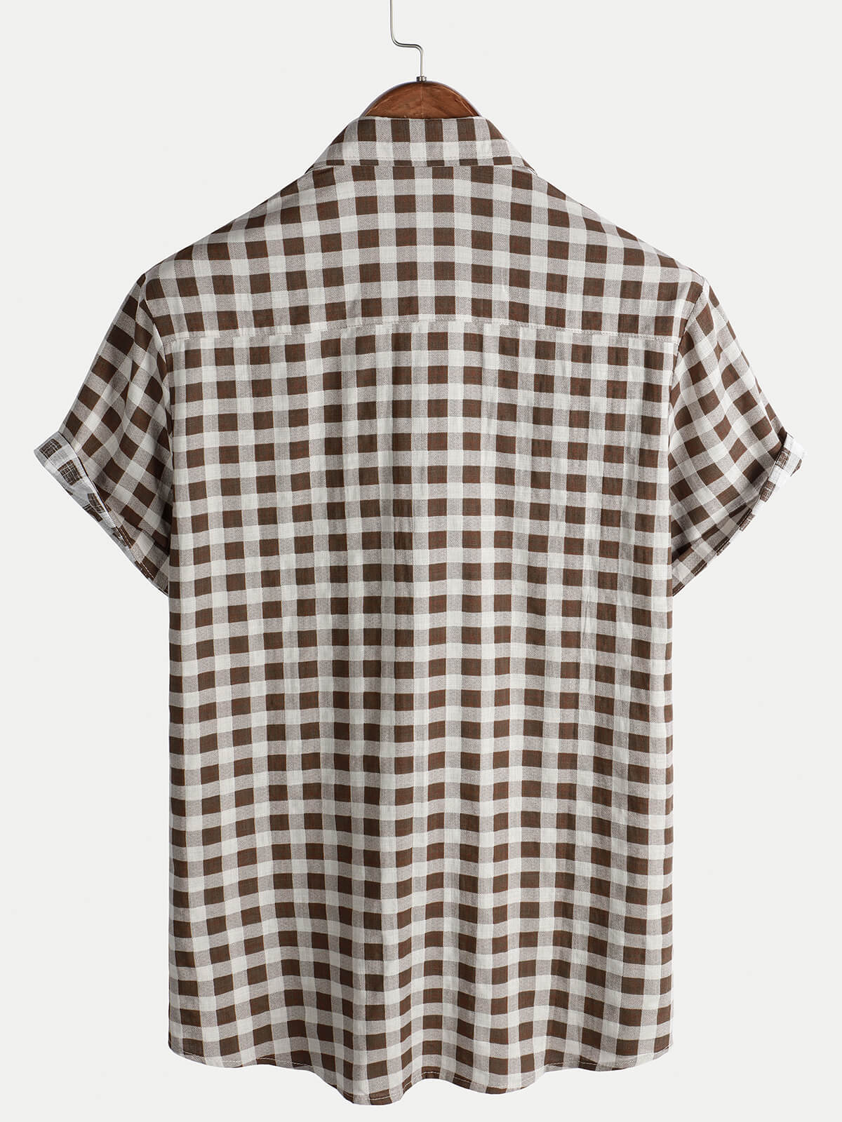 Men's Brown Check Print Cotton Pocket Short Sleeve Shirt