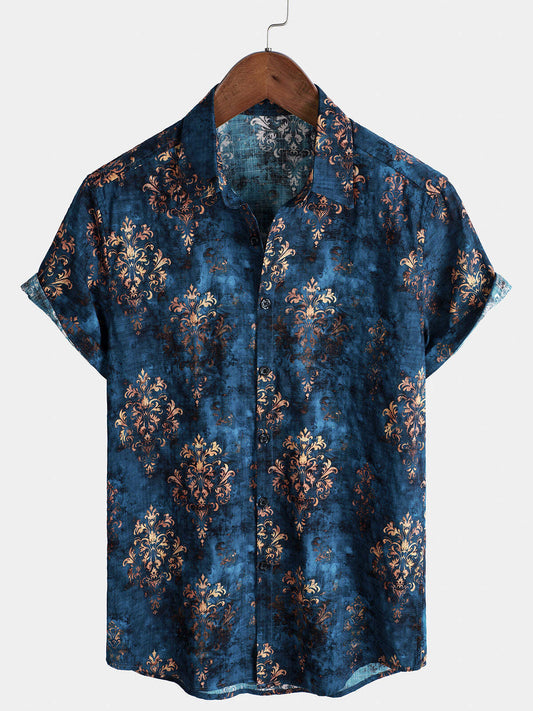 Men's Blue Retro Summer Short Sleeve Button Up Shirt