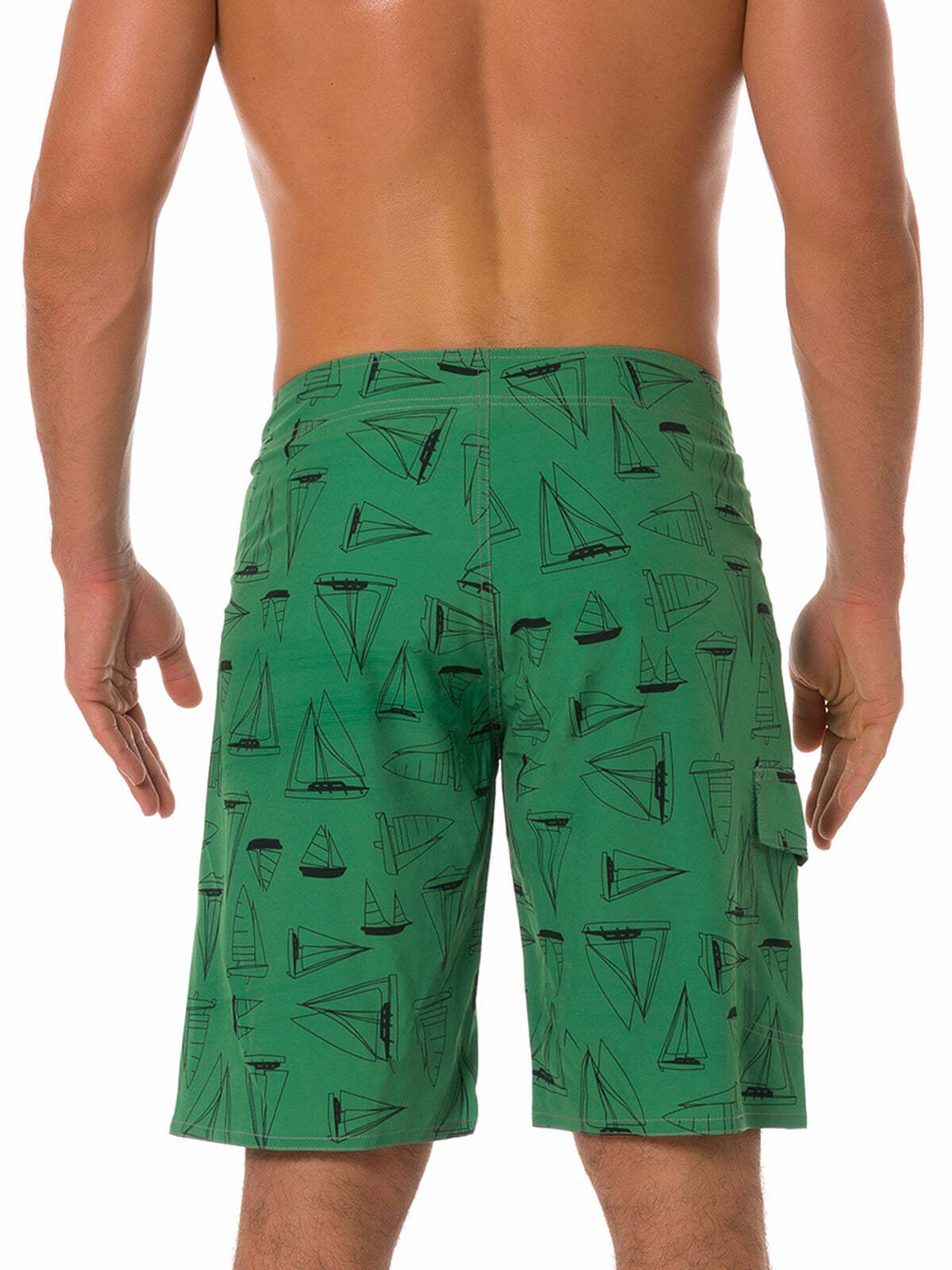 Men's Green Casual Sailboat Flat Waist Hawaiian Shorts Summer Beach Boardshorts