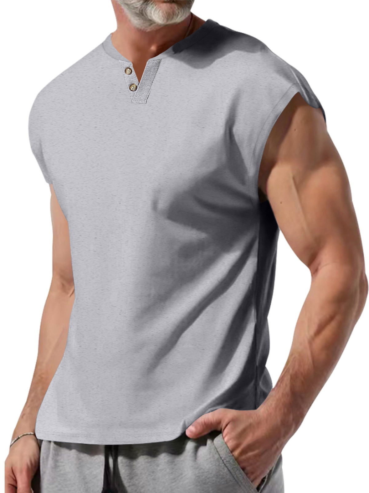Men's Summer V-Neck Button-Down Solid Color Cotton Sleeveless Vest