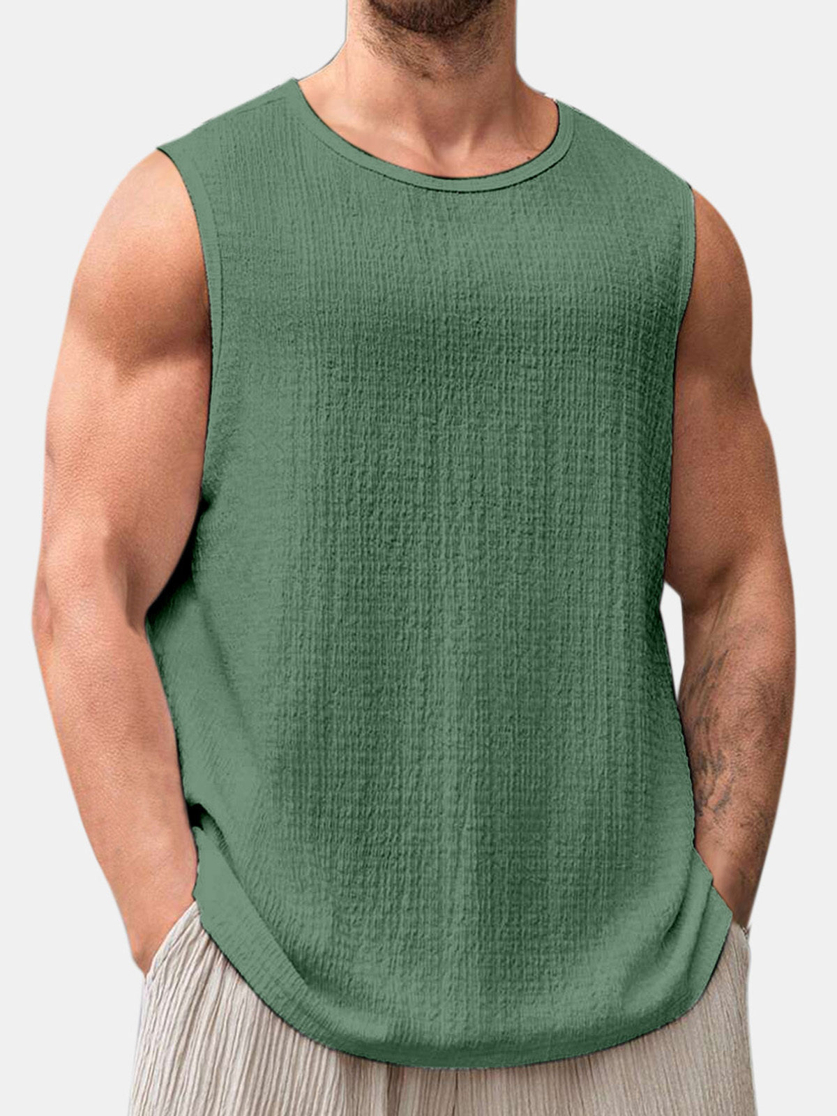 Men's Summer Solid Color Daily Puff Wrinkle Sleeveless T-shirt
