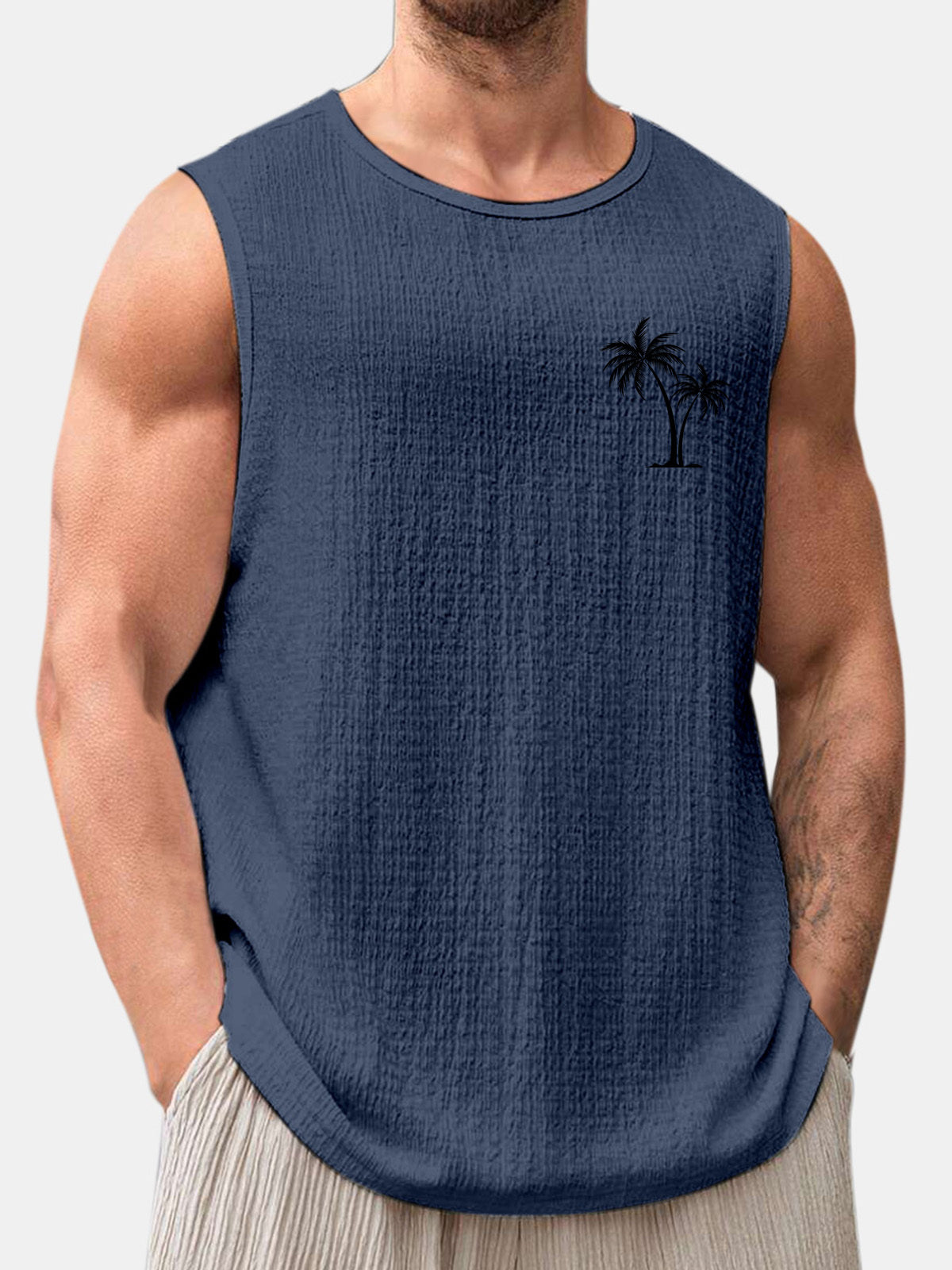 Men's Summer Solid Color Daily Coconut Print Puff Wrinkle Sleeveless T-shirt