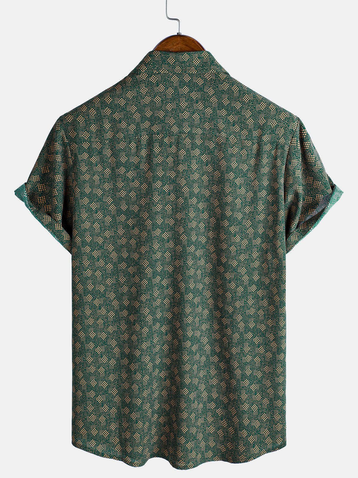 Men's Retro Geometric Print Green Pocket Short Sleeve Shirt