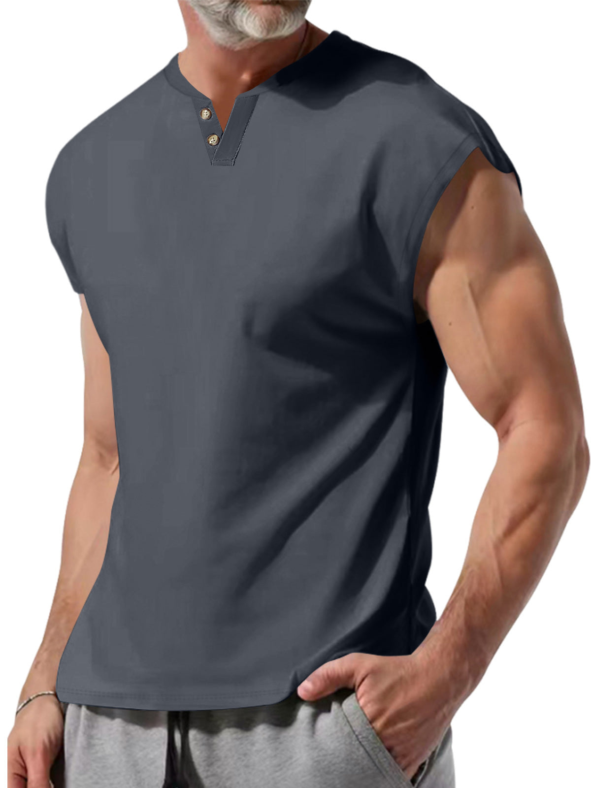 Men's Summer V-Neck Button-Down Solid Color Cotton Sleeveless Vest