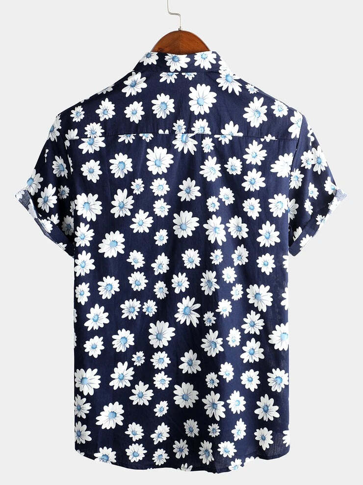 Men's Floral Daisy Print Tropical Hawaiian Cotton Flower Shirt