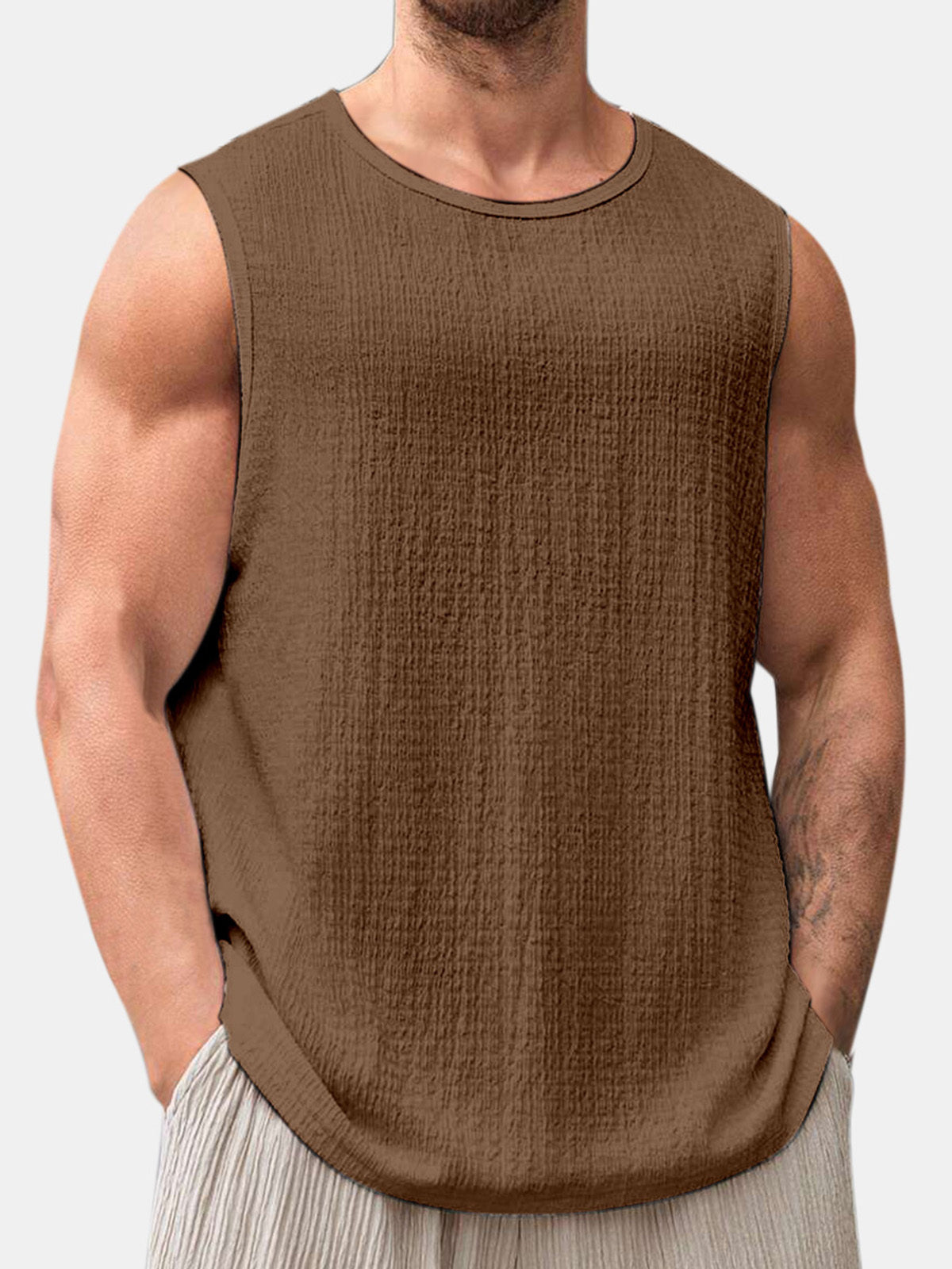 Men's Summer Solid Color Daily Puff Wrinkle Sleeveless T-shirt