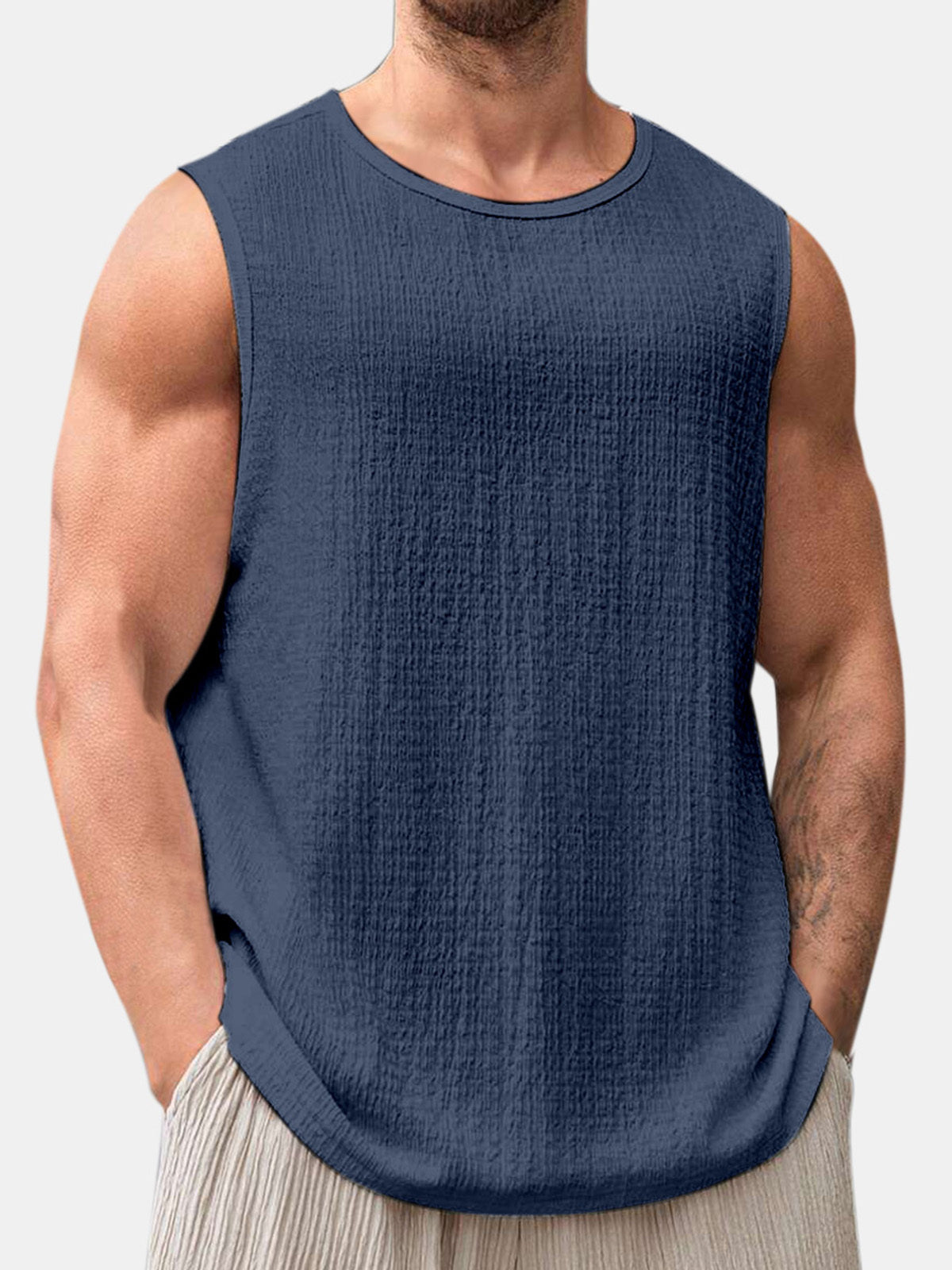 Men's Summer Solid Color Daily Puff Wrinkle Sleeveless T-shirt