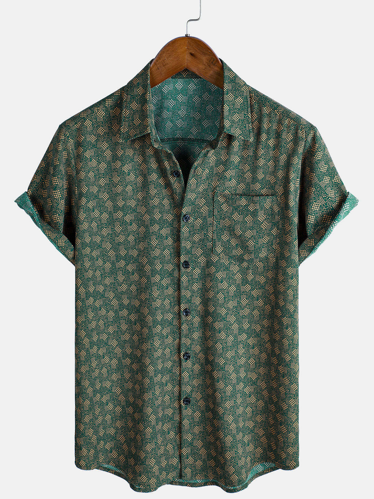 Men's Retro Geometric Print Green Pocket Short Sleeve Shirt