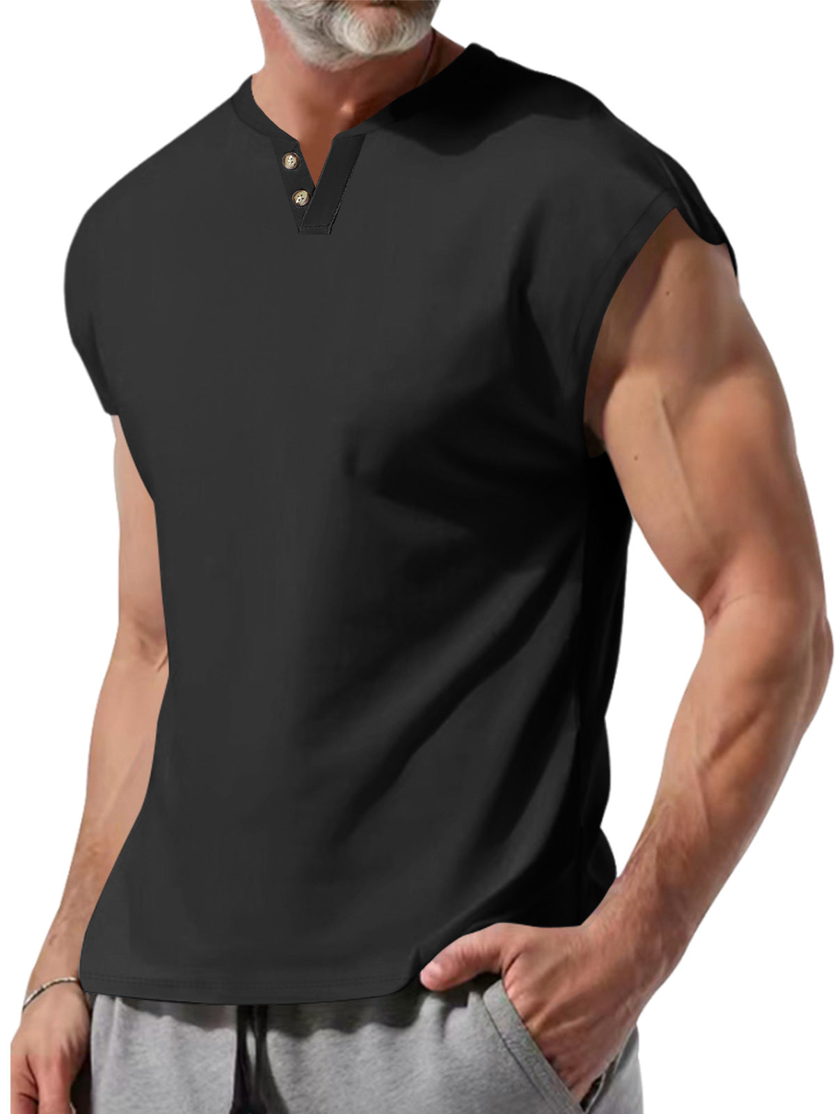 Men's Summer V-Neck Button-Down Solid Color Cotton Sleeveless Vest