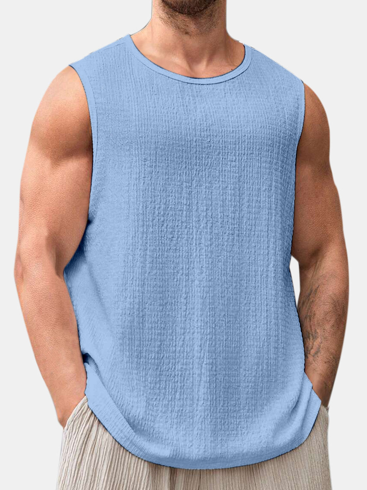Men's Summer Solid Color Daily Puff Wrinkle Sleeveless T-shirt