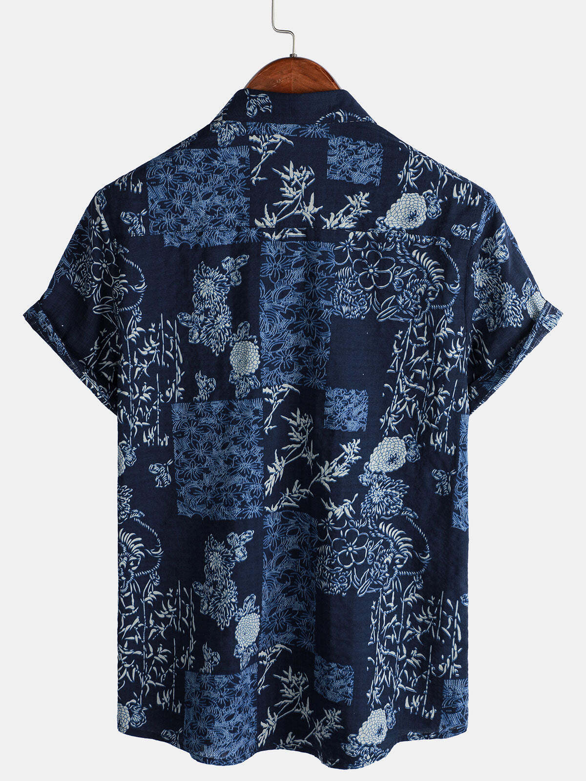 Men's Retro Navy Blue Floral Summer Short Sleeve Shirt