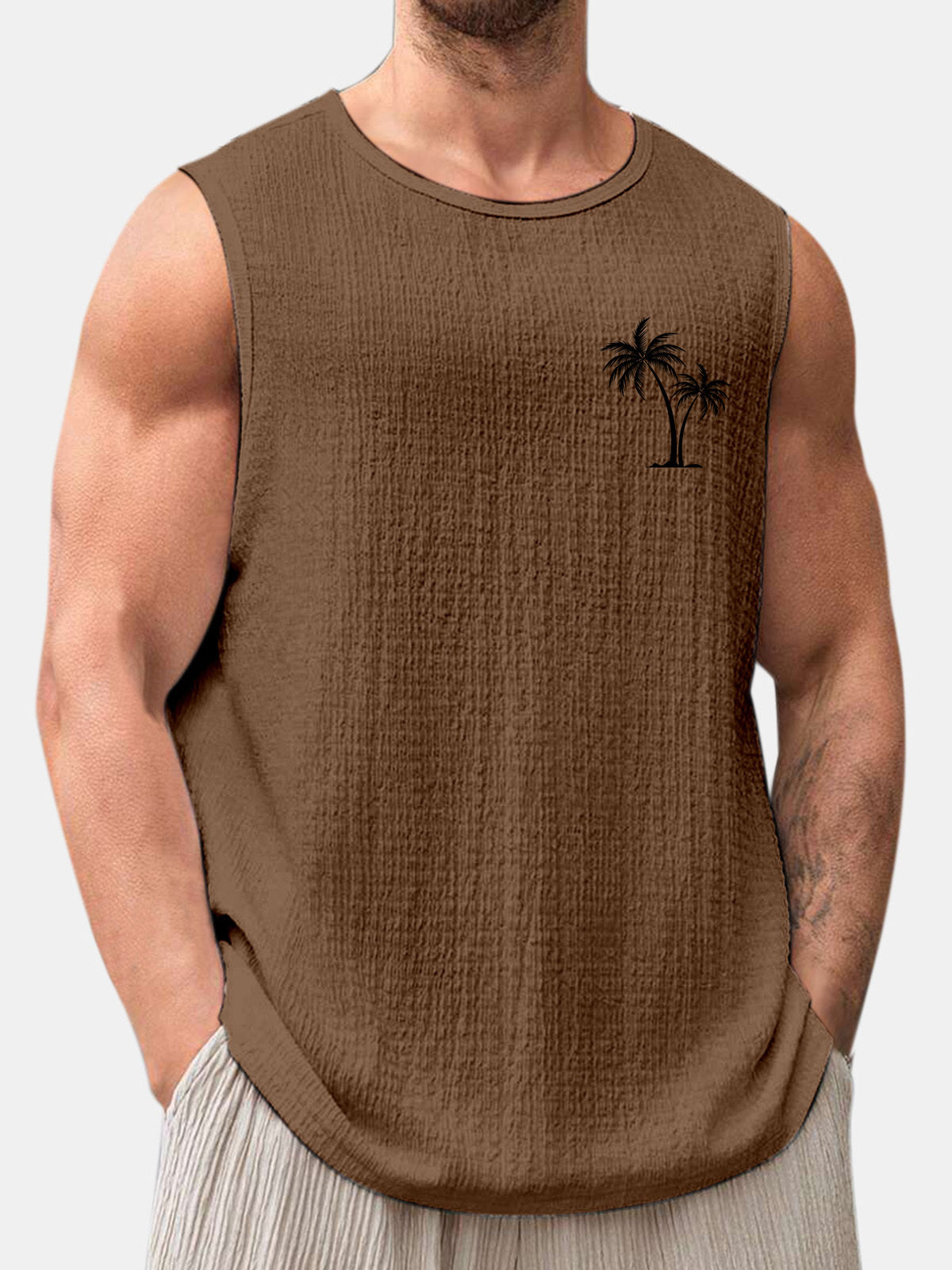 Men's Summer Solid Color Daily Coconut Print Puff Wrinkle Sleeveless T-shirt