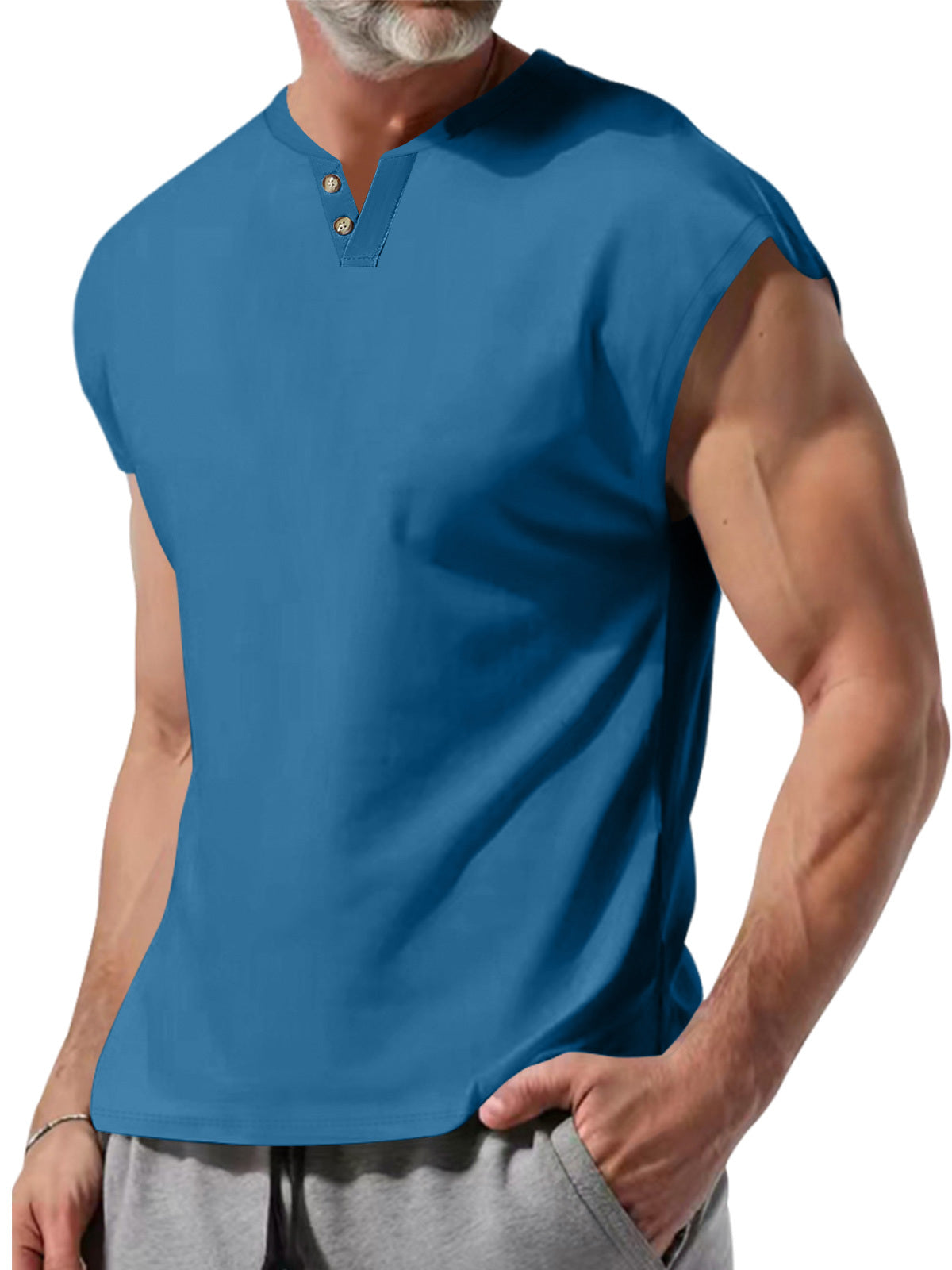 Men's Summer V-Neck Button-Down Solid Color Cotton Sleeveless Vest