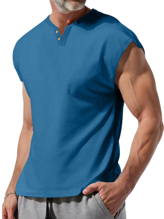 Men's Summer V-Neck Button-Down Solid Color Cotton Sleeveless Vest