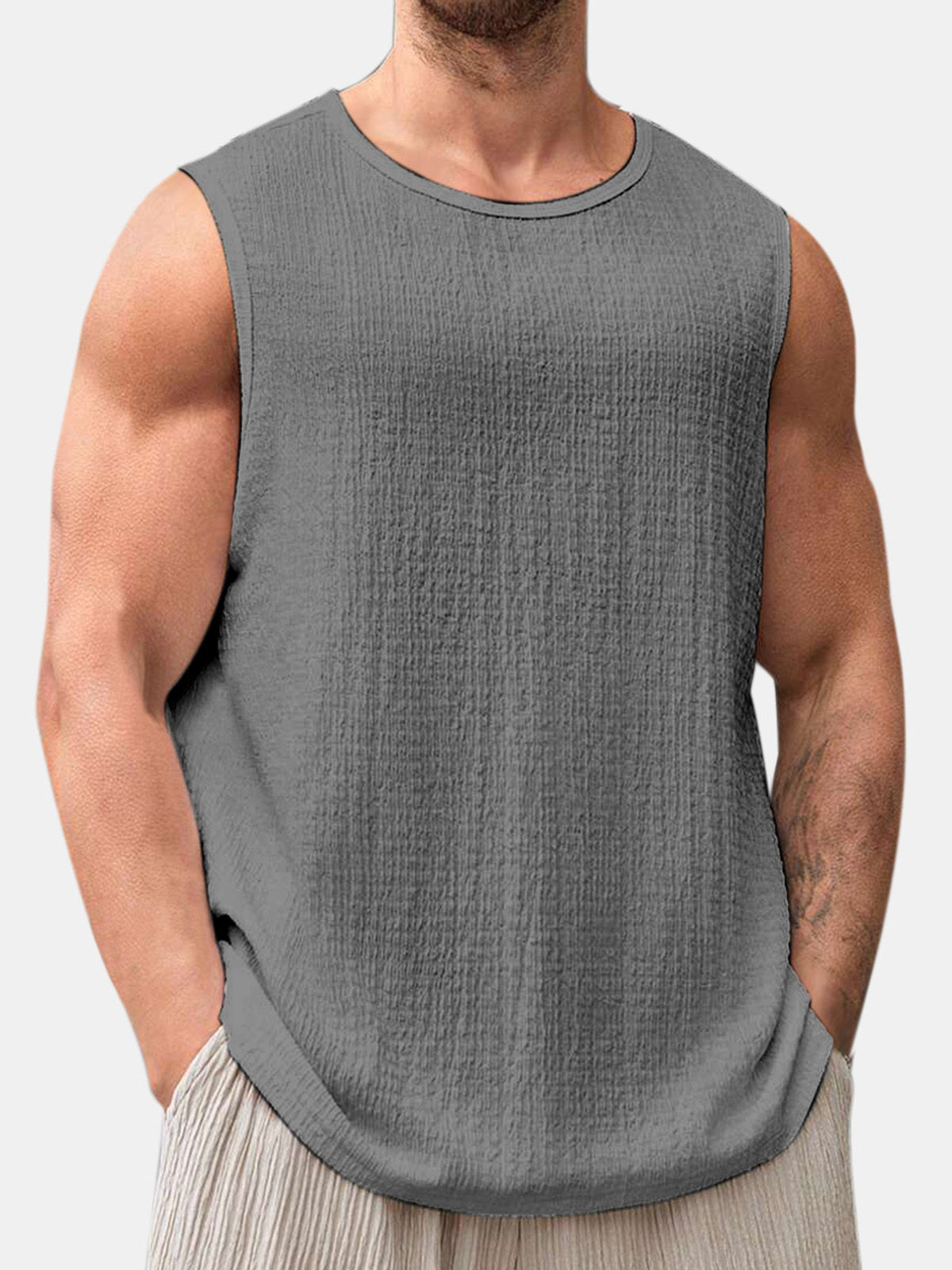 Men's Summer Solid Color Daily Puff Wrinkle Sleeveless T-shirt
