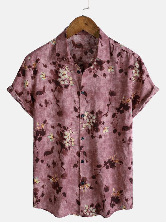 Men's Vintage Floral Cotton Breathable Short Sleeve Button Up Shirt