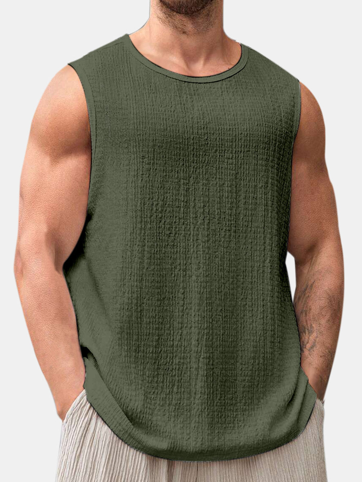 Men's Summer Solid Color Daily Puff Wrinkle Sleeveless T-shirt