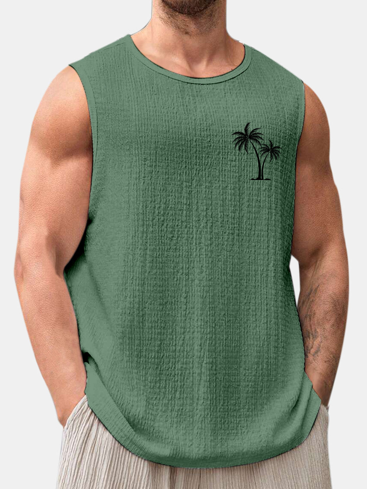 Men's Summer Solid Color Daily Coconut Print Puff Wrinkle Sleeveless T-shirt