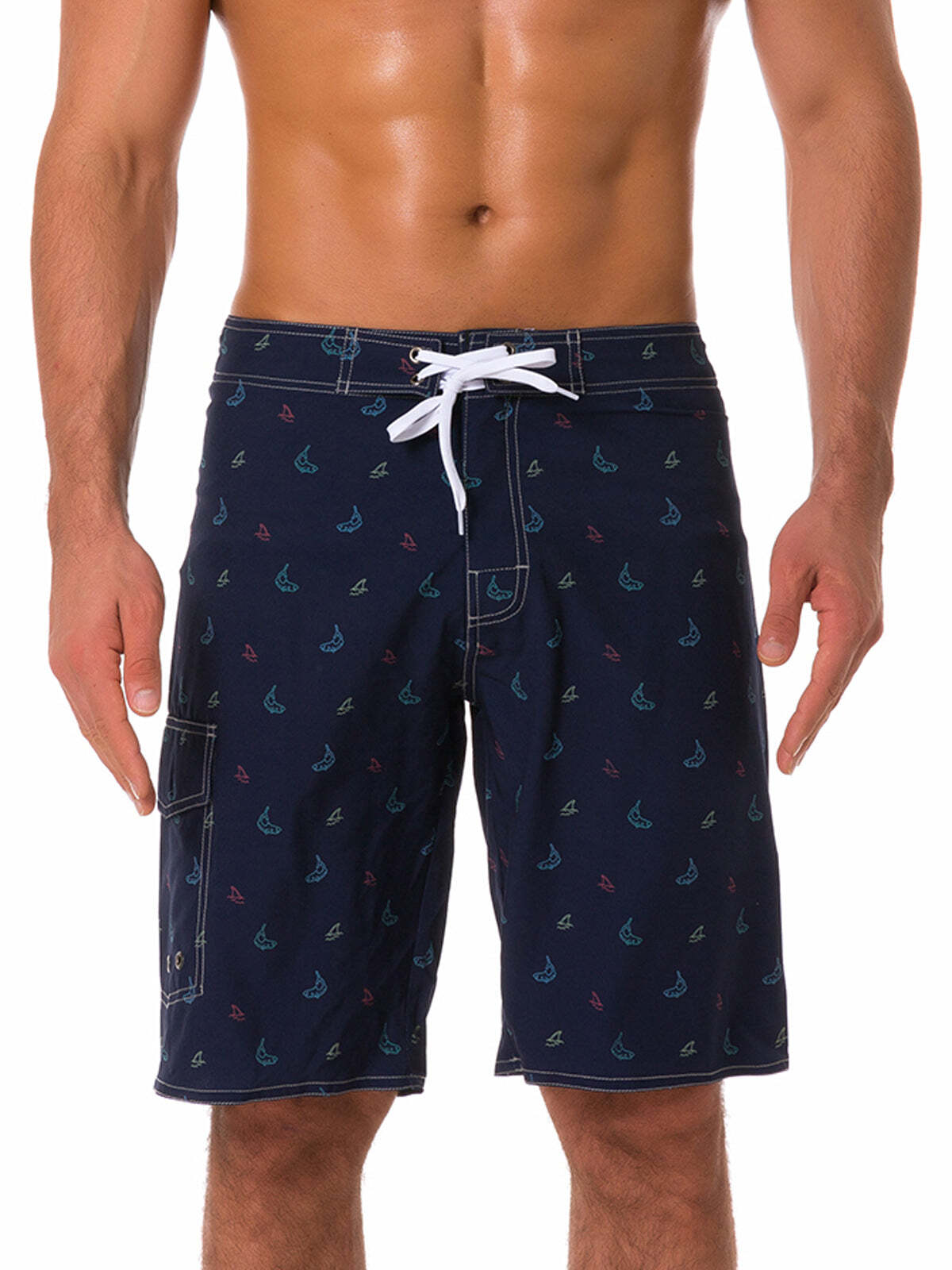 Men's Green Casual Sailboat Flat Waist Hawaiian Shorts Summer Beach Boardshorts