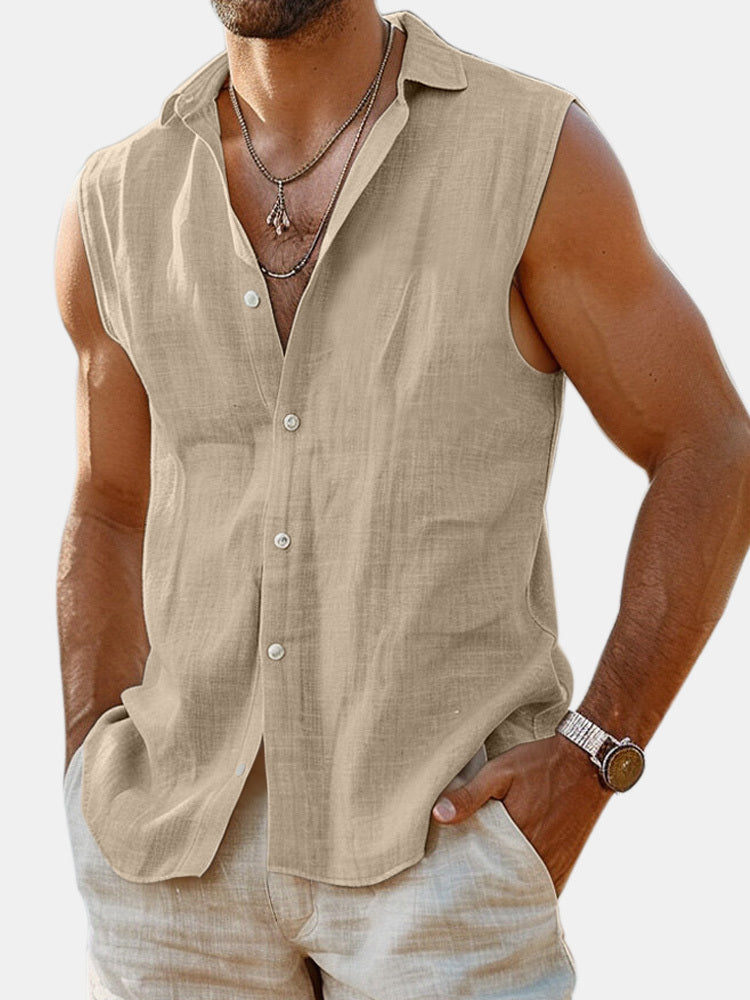Men's Summer Daily Solid Color Imitation Linen Sleeveless Comfortable Shirt