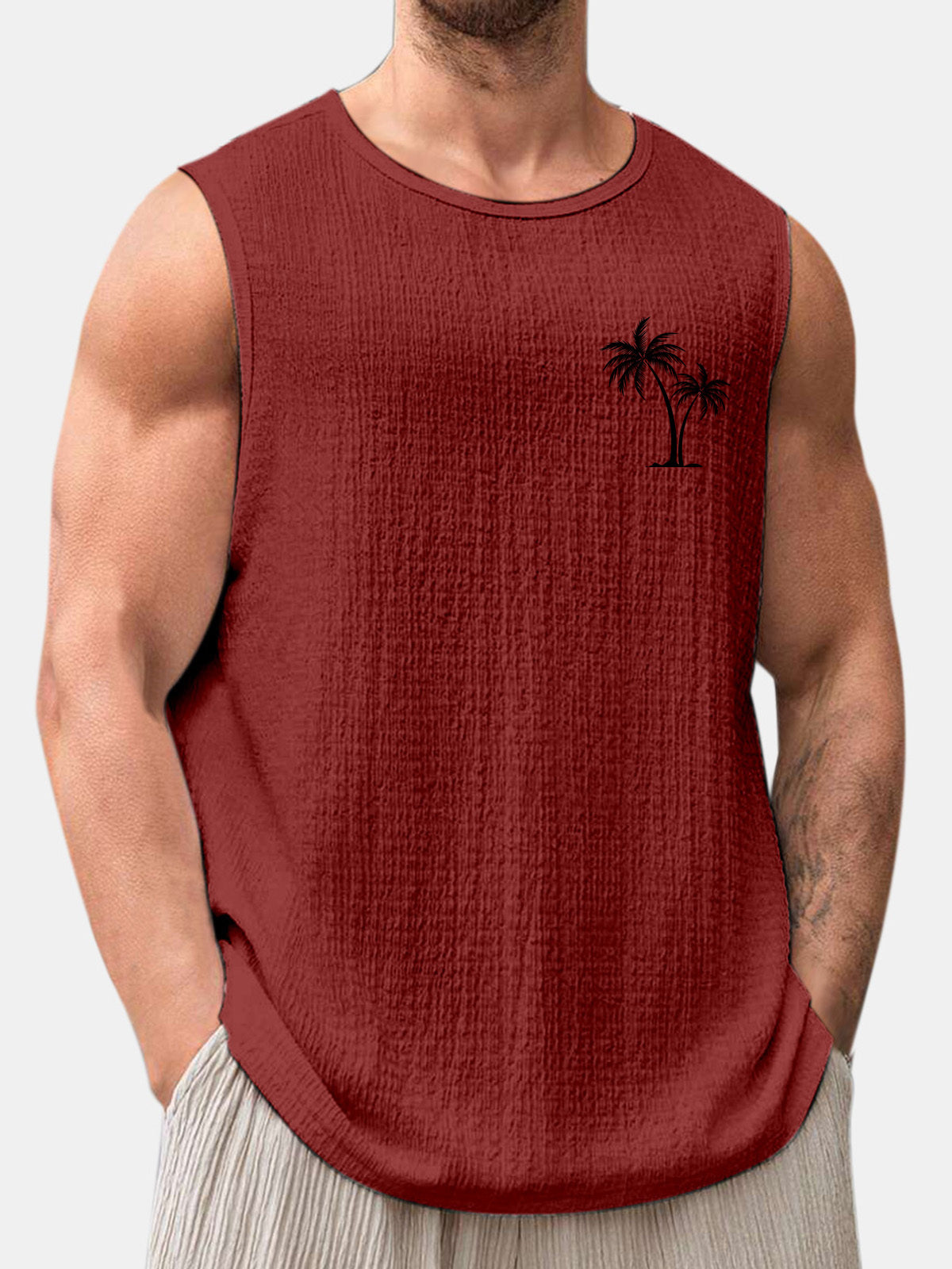 Men's Summer Solid Color Daily Coconut Print Puff Wrinkle Sleeveless T-shirt