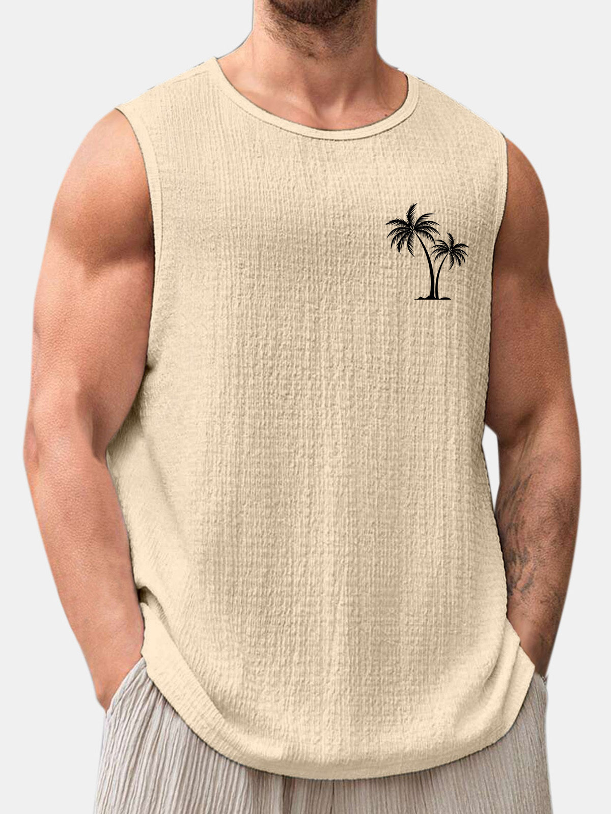 Men's Summer Solid Color Daily Coconut Print Puff Wrinkle Sleeveless T-shirt