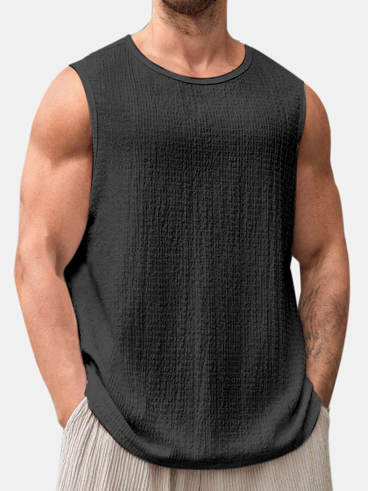 Men's Summer Solid Color Daily Puff Wrinkle Sleeveless T-shirt