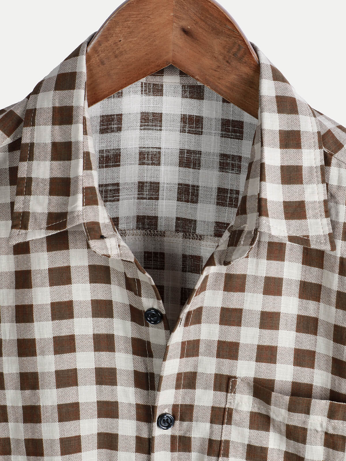 Men's Brown Check Print Cotton Pocket Short Sleeve Shirt