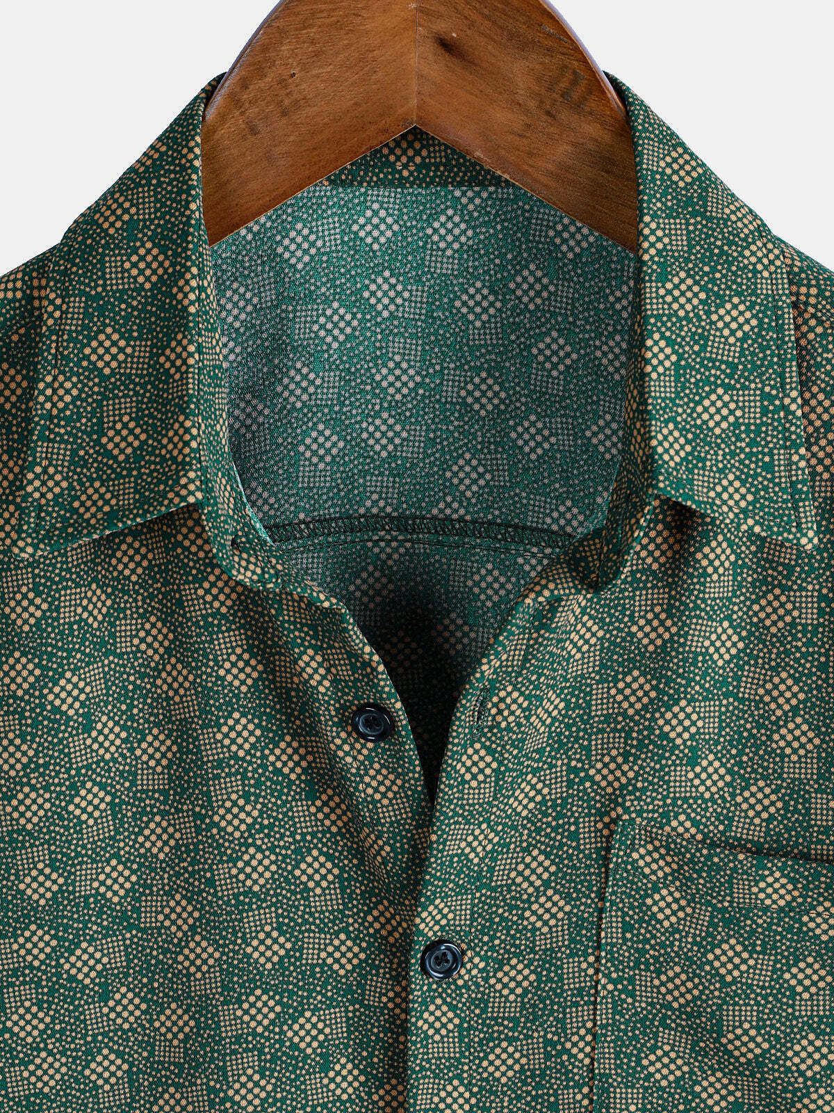 Men's Retro Geometric Print Green Pocket Short Sleeve Shirt