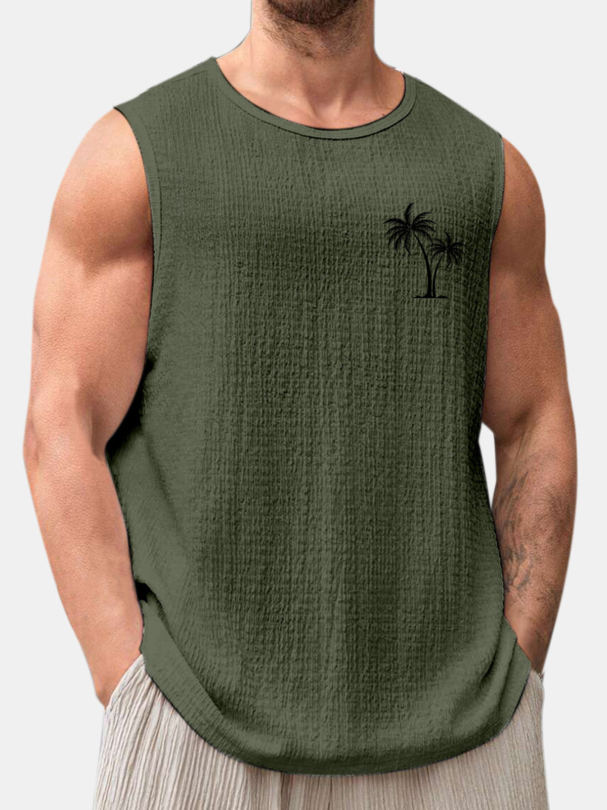 Men's Summer Solid Color Daily Coconut Print Puff Wrinkle Sleeveless T-shirt