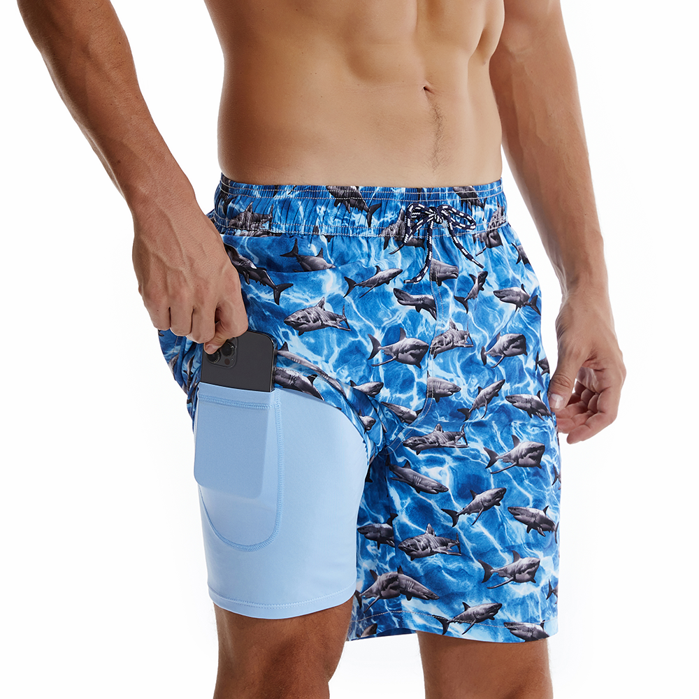 Men's Shark Print Red Quick Dry Beach Shorts Swim Trunks