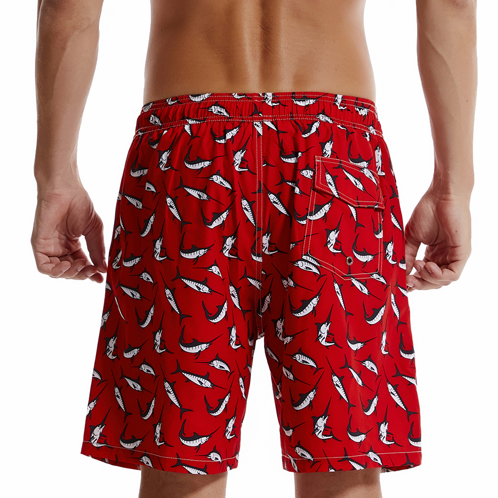 Men's Shark Print Red Quick Dry Beach Shorts Swim Trunks