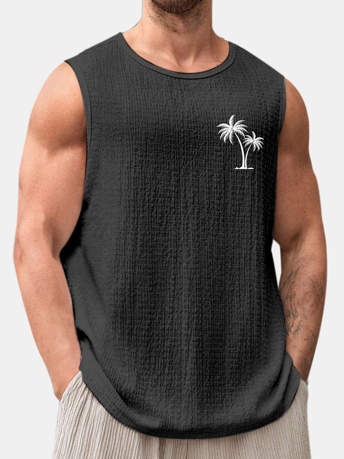 Men's Summer Solid Color Daily Coconut Print Puff Wrinkle Sleeveless T-shirt