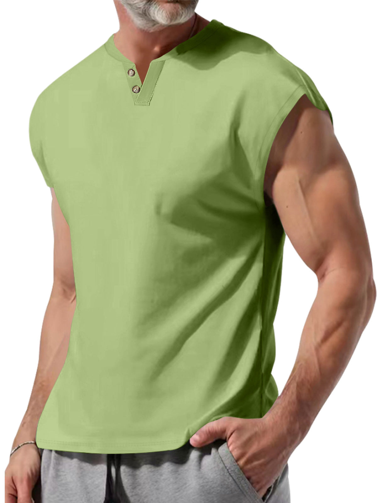 Men's Summer V-Neck Button-Down Solid Color Cotton Sleeveless Vest