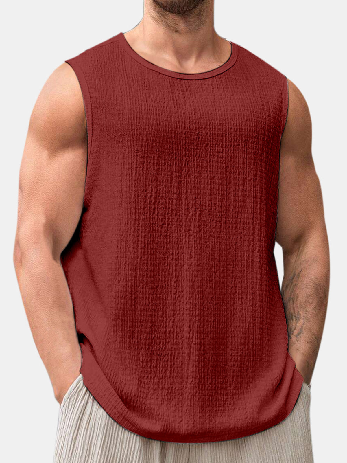 Men's Summer Solid Color Daily Puff Wrinkle Sleeveless T-shirt