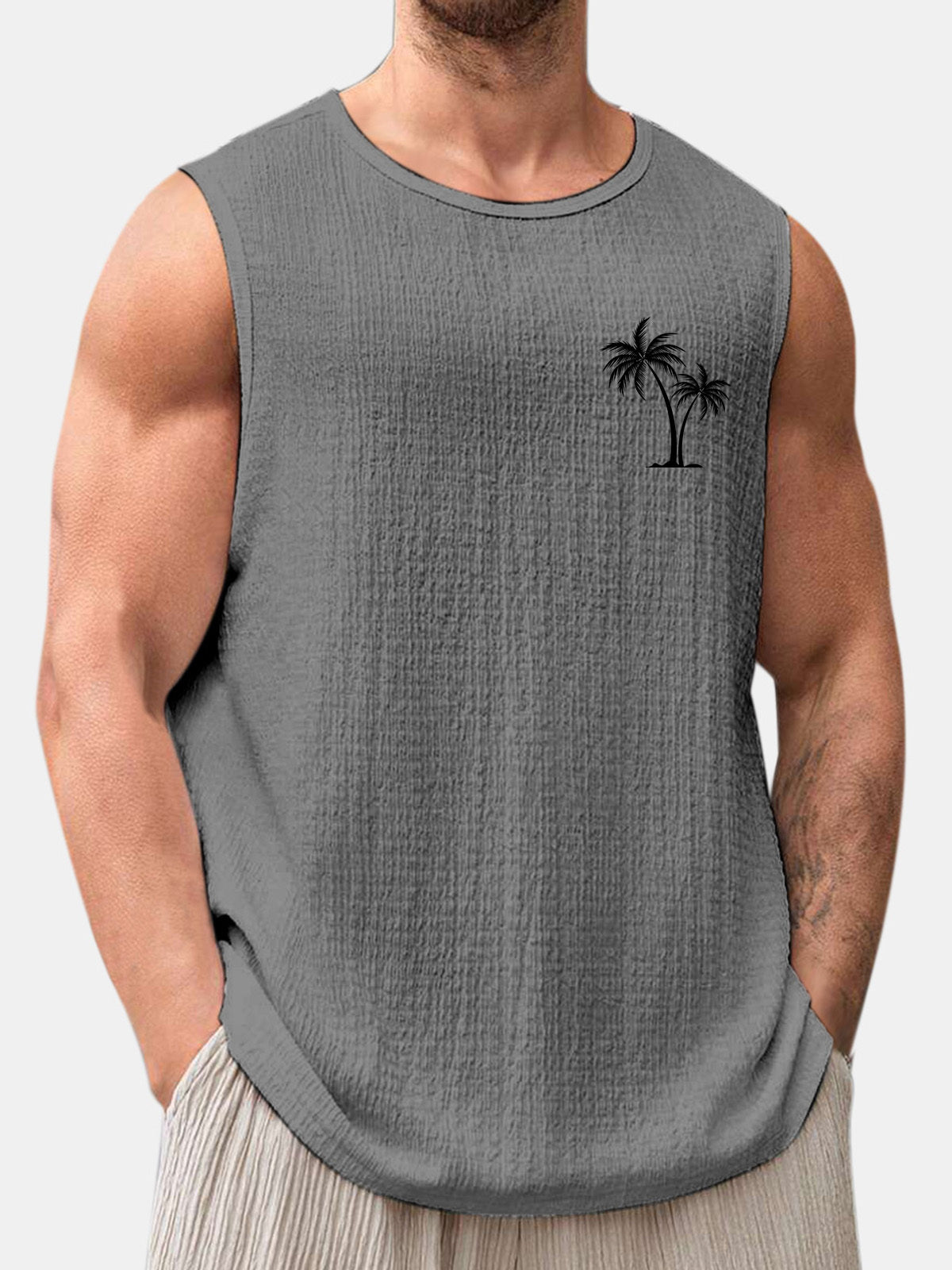 Men's Summer Solid Color Daily Coconut Print Puff Wrinkle Sleeveless T-shirt