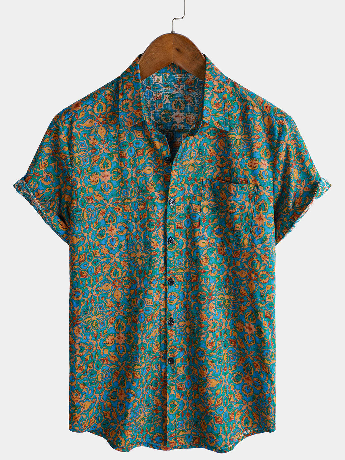 Men's Abstract Stylish Pocket Button Up Short Sleeve Retro Shirt