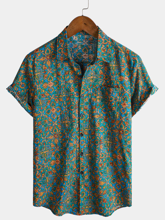 Men's Abstract Stylish Pocket Button Up Short Sleeve Retro Shirt